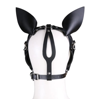 Fetish Leather Harness Head Piece Hood Mask With Silicone Bone Mouth Gag Ears Eye Shade Bit Blindfold For Pony Pet Cosplay Bdsm