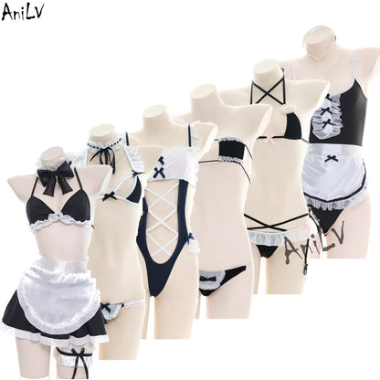 AniLV Maid Series Swimsuit Bodysuit Bikini Costume Student Summer Role Play Pool Party Anime Girl Maid Unifrom Swimwear Cosplay