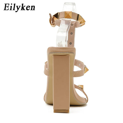 Eilyken New Design Rivet Decoration Women Sandals Summer Fashion Open Toe Ankle Buckle Strap Square High Heels Ladies Shoes