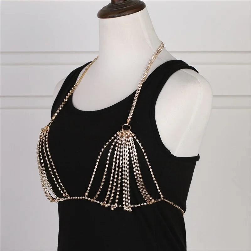 ผู้หญิงสลิงแน่นเอว Rhinestone Bra บิกินี่ Beach เครื่องประดับไนท์คลับเซ็กซี่ Body CHAIN ​​หน้าอก CHAIN