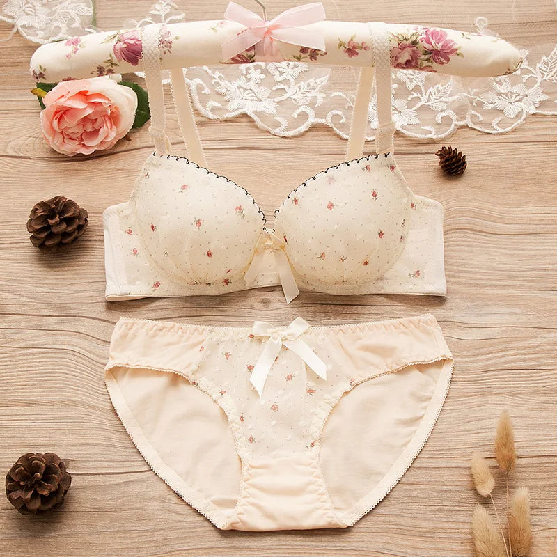 Teenage Girls Floral Underwear Sets Student Wireless Lace Training Bras Bow Panties Sets Cotton Teens Development Clothes