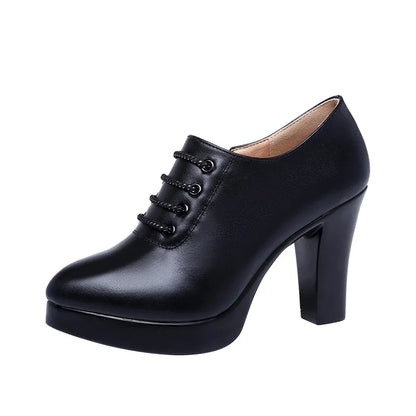 GKTINOO New Office Ladies Shoes Women Pumps High Heels Deep Mouth Block Lace Up Platform Heels Fashion Leather Shoe Black