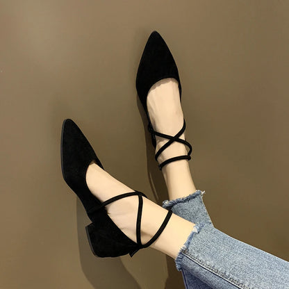 Spring Autumn Women Shoes Black Ankle Strap Flats Ankle Warp Low Heels Ladies Shoes Pointed Toe Flat Shoes zapatos mujer AB247