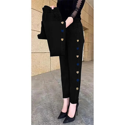 WinterEmbroidery Jeans Women's  Elastic High Waist Jeans 5XL FashionWomen Black Blue Pocket Mom Jeans Skinny Stretch Pants Women