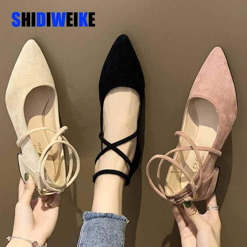 Spring Autumn Women Shoes Black Ankle Strap Flats Ankle Warp Low Heels Ladies Shoes Pointed Toe Flat Shoes zapatos mujer AB247