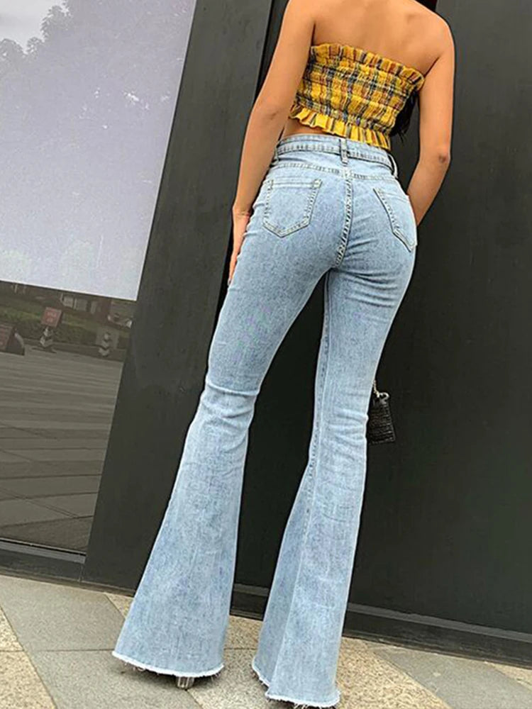 Women High Waist Flare Jeans Pants Vintage Skinny Ladies Jeans Women Fashion Stretch Denim Trousers Plus Size Wide Leg Jeans