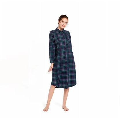 Ladies 100% Cotton Nightgown Plus Size Nightdress Long-sleeved Flannel Plaid Print Women Sleepwear Nightshirt Button UP Nightie