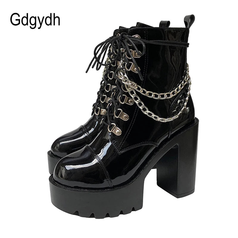 Gdgydh 2022 Autumn Winter Gothic Women Ankle Boots Fashion Metal Chain Patent Leather Female Short Boots Punk Style Ladies Shoes