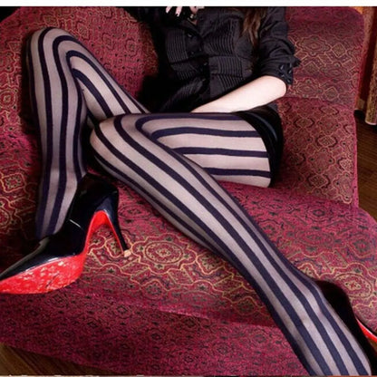 1 Pair Hot Sale Women Fashion Sexy Black Stripes Pattern Stockings Tights Lace Full Foot Elasticity Fine Ladies Pantyhose