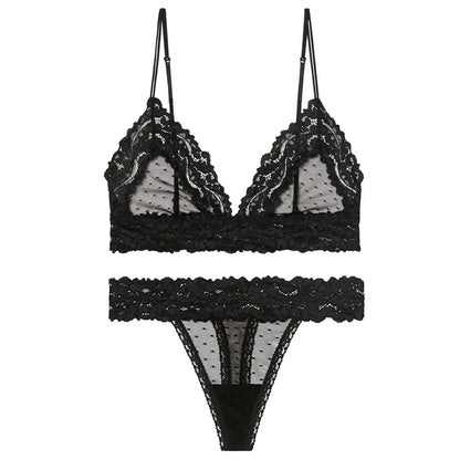 Ensemble de Lingerie Sexy en dentelle pour femmes, soutien-gorge Transparent, Bralette en maille à pois, soutien-gorge Push Up, culotte dos en T, dos nu, col en V