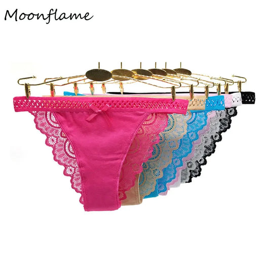 Moonflame Cotton Briefs Women 5 Pcs/Lots Lingerie M L XL Solid Color Sexy Lace Ladies Panties