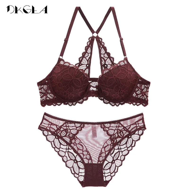 Front Closure Bras Lace Underwear Set Sexy Deep V Brassiere Thick Push Up Bra Panties Sets Embroidery Purple Women Lingerie Set