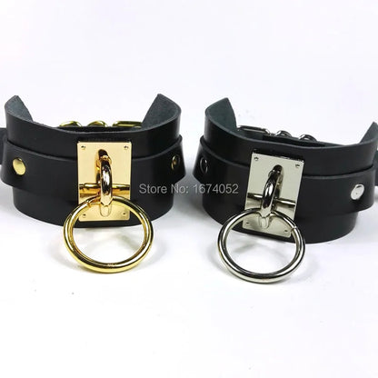 ผู้หญิงผู้ชาย 100% Handmade ขนาดใหญ่จริงหนัง Choker เครื่องราง O รอบปลอกคอทอง Bondage BDSM Harness สร้อยคอ