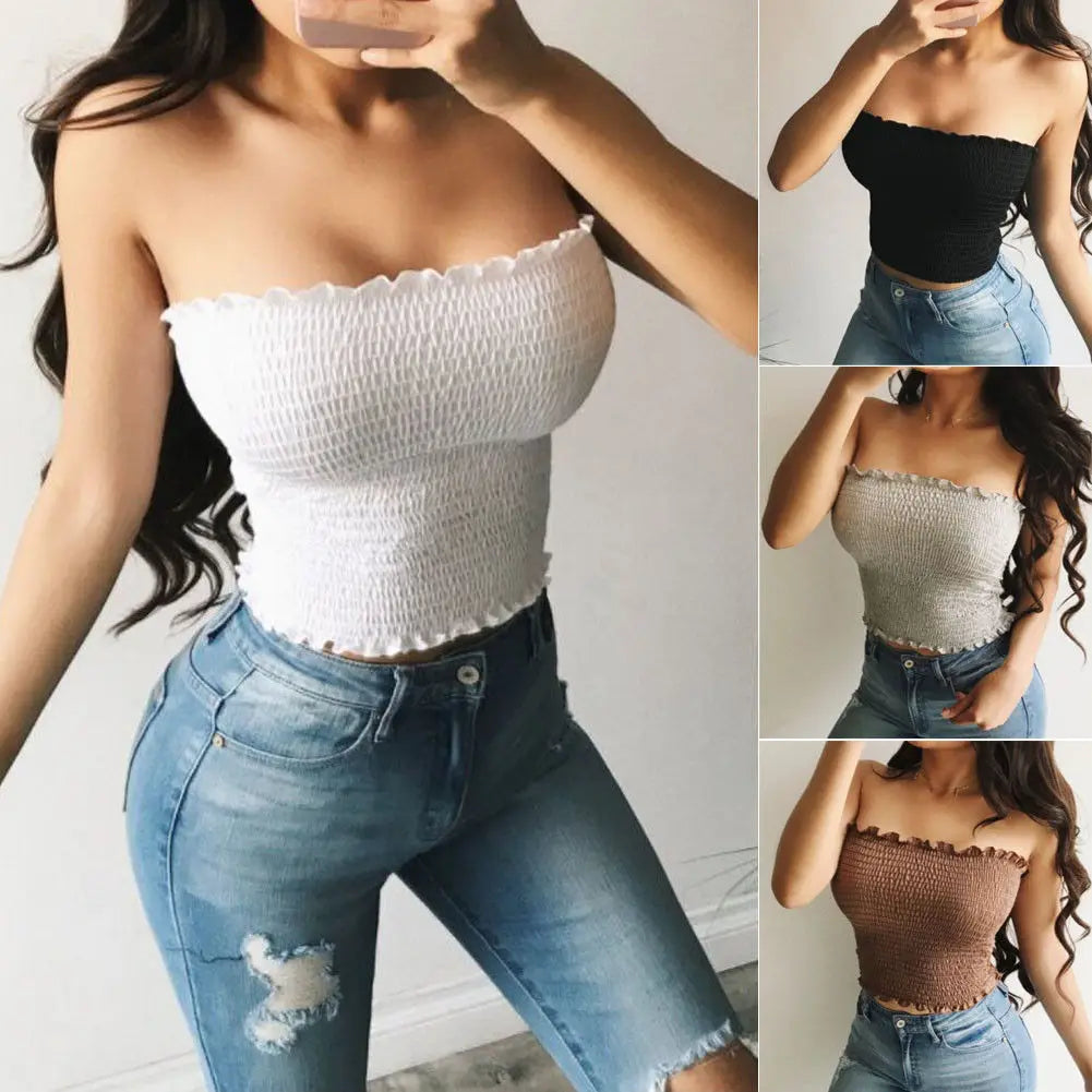 Women Sheering Boob Tube Tank Tops Lady Girls Strapless Bandeau Ladies Shirred Crop Top Clothes