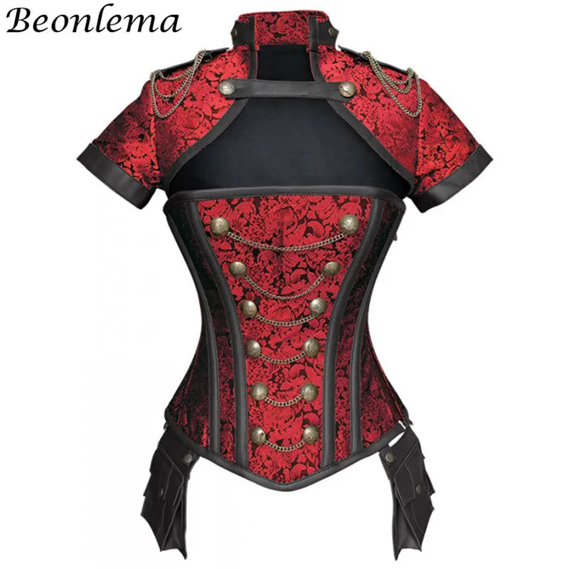 Corsets noir rouge Steampunk femmes vêtements gothiques Sexy sous le buste gothique rétro Bustier corsage Femme Faux cuir Punk Corset ensemble