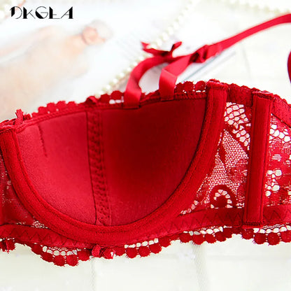 New Half Cup Bra Panties Sets Red Women Lingerie Set Embroidery White Brassiere Thin Cotton Sexy Underwear Set Lace Bra C D Cup