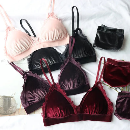 2018 new 5 colors velvet thin bra with pad and transparent panties sets adjustable Bralette underwear women sexy sleepwear