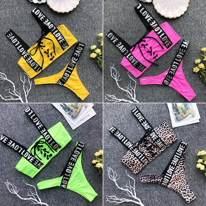 2021 Sexy Sports Swimwear Neon Bikini Women Push Up Bikini Set Bandage Bathing Suit Beach Wear Bathers Letter Bathing Suit