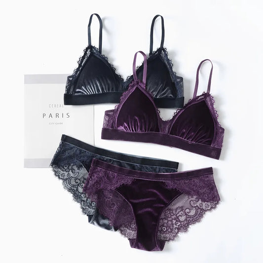 2018 new 5 colors velvet thin bra with pad and transparent panties sets adjustable Bralette underwear women sexy sleepwear