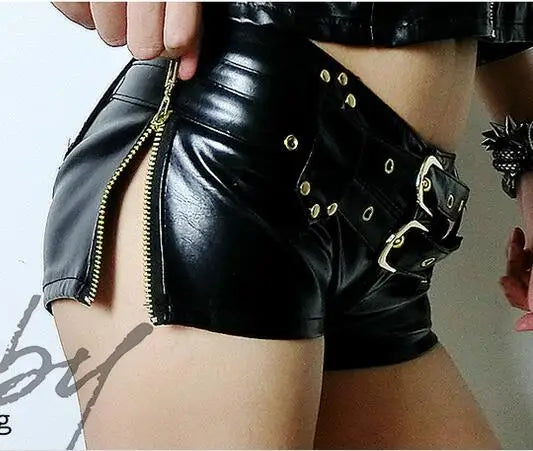 Sexy Women Shiny Faux Leather Hot Shorts Double Sashes Low Rise Waist Micro MINI Shorts With Zipper Open Exotic Culb Wear F33