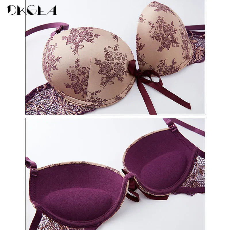 Luxury Printing Underwear Set Women Bow Fashion Red Push Up Bra Panties Sets Sexy Lingerie Embroidery Lace Bra Set Cotton Thick