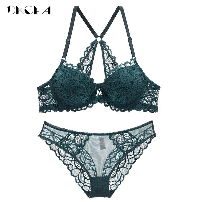 Ensemble de sous-vêtements en dentelle avec fermeture frontale, soutien-gorge Sexy en V profond, épais, Push-Up, culotte, broderie violette, ensemble de Lingerie pour femmes