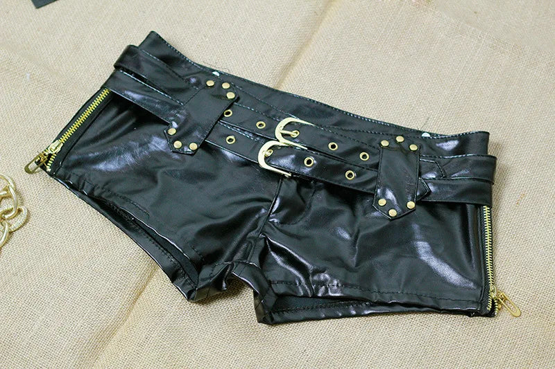 Sexy Women Shiny Faux Leather Hot Shorts Double Sashes Low Rise Waist Micro MINI Shorts With Zipper Open Exotic Culb Wear F33