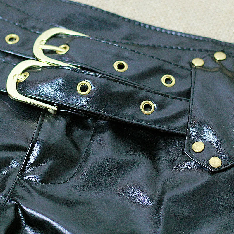 Sexy Women Shiny Faux Leather Hot Shorts Double Sashes Low Rise Waist Micro MINI Shorts With Zipper Open Exotic Culb Wear F33