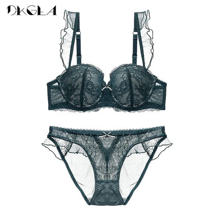 Nouveau haut Sexy soutien-gorge culottes ensembles dentelle broderie Lingerie ensemble vert brassière profonde V Push Up soutien-gorge femmes ensemble de sous-vêtements coton 3/4 tasse