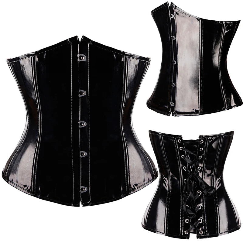 FLORAT Ladies Slimming Corsets And Bustiers Sexy PVC Lingerie Black Body Shaper Waist Trainer Corset Steampunk Underbust Top