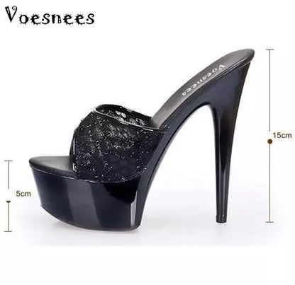 Women Shoes 2019 Sweet High-heeled Shoes 13 / 15cm Fine With Thick Black Slippers Lace Fashion Banquet Ladies Shoes Sizes 34-44