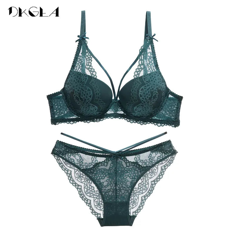 ใหม่สีเขียวชุดชั้นในชุดสตรี Bra Push Up Brassiere ผ้าฝ้ายหนาสีดำรวบรวมเซ็กซี่ Bra กางเกงชุดเย็บปักถักร้อยลูกไม้ชุดชั้นในชุด