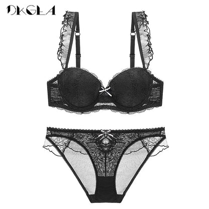 New Top Sexy Bra Panties Sets Lace Embroidery Lingerie Set Green Brassiere Deep V Push Up Bra Women Underwear Set Cotton 3/4 Cup