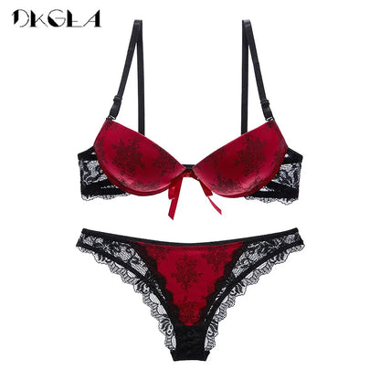 Luxury Printing Underwear Set Women Bow Fashion Red Push Up Bra Panties Sets Sexy Lingerie Embroidery Lace Bra Set Cotton Thick