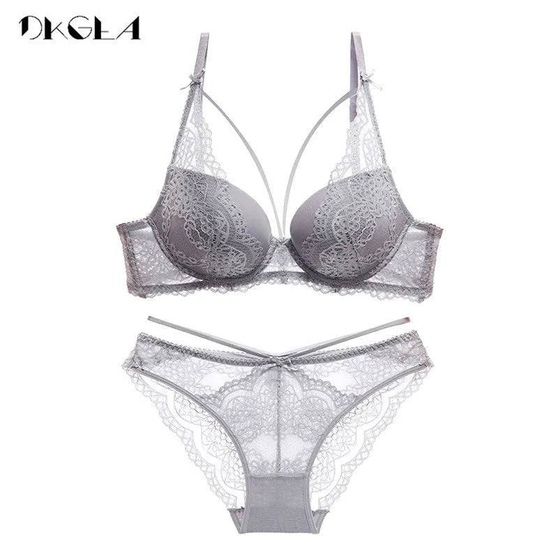 ใหม่สีเขียวชุดชั้นในชุดสตรี Bra Push Up Brassiere ผ้าฝ้ายหนาสีดำรวบรวมเซ็กซี่ Bra กางเกงชุดเย็บปักถักร้อยลูกไม้ชุดชั้นในชุด