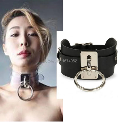 ผู้หญิงผู้ชาย 100% Handmade ขนาดใหญ่จริงหนัง Choker เครื่องราง O รอบปลอกคอทอง Bondage BDSM Harness สร้อยคอ