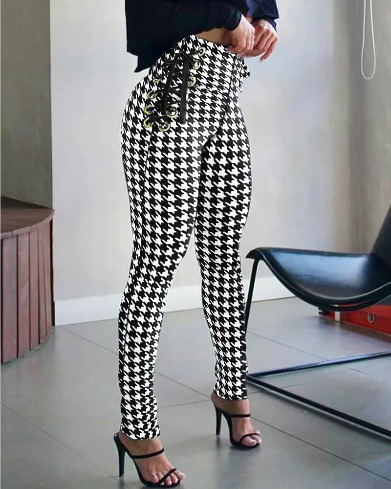 Houndstooth Print High Waist Eyelet Lace-up Skinny Pants