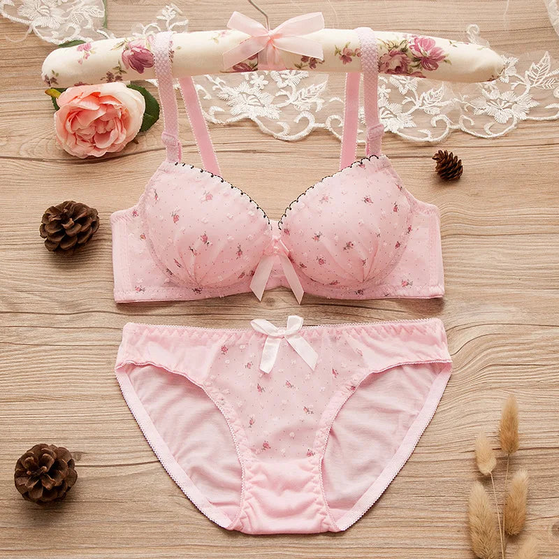 Teenage Girls Floral Underwear Sets Student Wireless Lace Training Bras Bow Panties Sets Cotton Teens Development Clothes