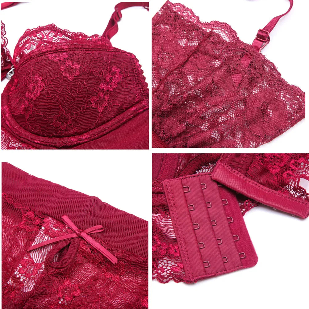 Sexy lace thin cotton cup breast bra set (bra+panty+garter belt +stocking) 4pieces/lots Lingerie Set