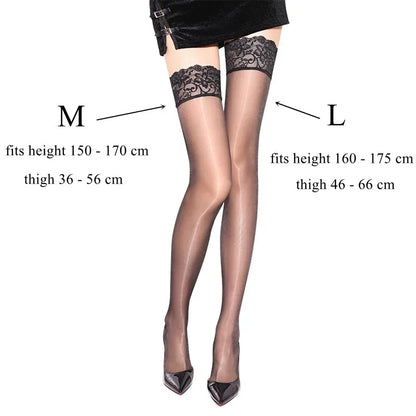 Large Size Black/White Lace Women's Over Knee Stockings Oil Shiny Anti-slip Sexy Stockings Ladies Transparent Underwear M/L