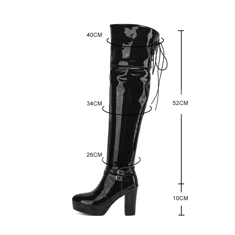 Women Round Toe Platform Boots femme Over The Knee Boots Ladies Sexy High Heels Patent Leather Long Boot Woman 2023 Winter Shoes