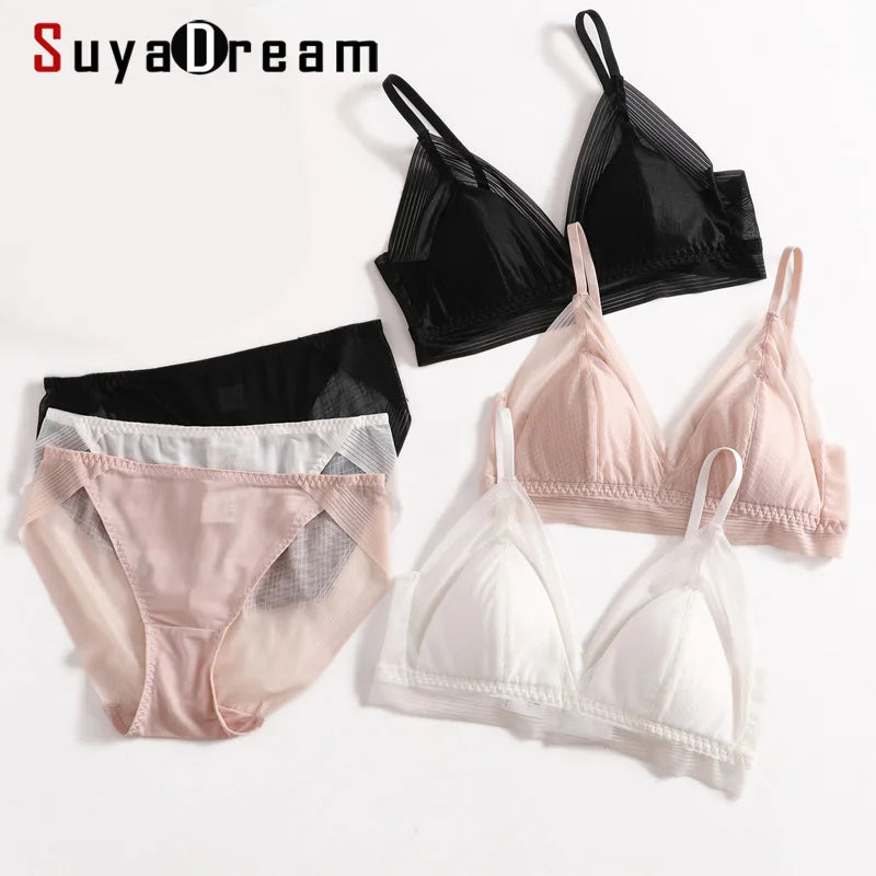 SUYADREAM 2024 Bra Set 100%Real Silk and Lace Wire Free Comfort Bras and Panties Thin padding Healthy Underwears