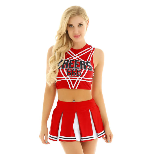 Women Japanese Schoolgirl Cosplay Uniform Girl Sexy Lingerie Sleeveless Crop Top with Mini Pleated Skirt Cheerleader Costume Set