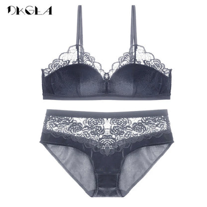 2020 nouveau velours soutiens-gorge dentelle ensemble de lingerie bleu mince coton brassière femmes ensemble de sous-vêtements fil gratuit broderie sexy soutien-gorge culottes ensembles