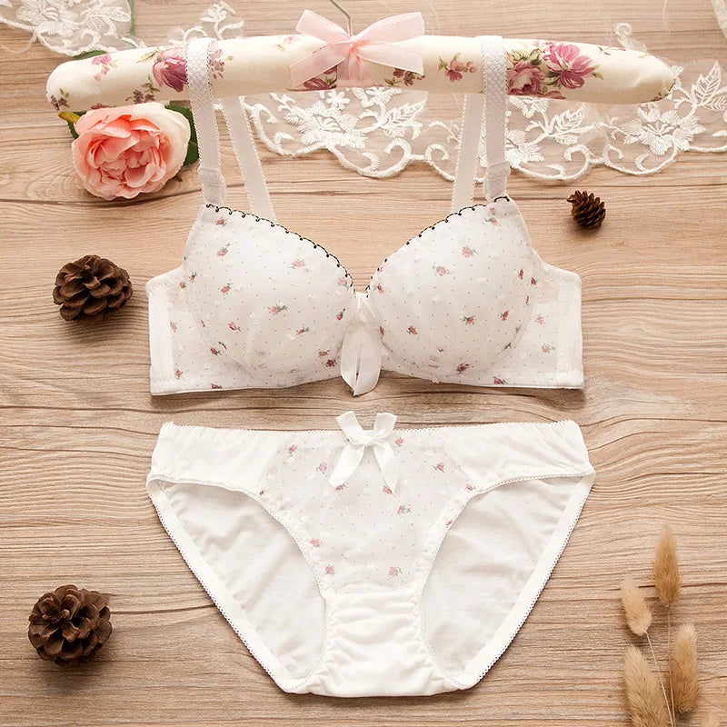 Teenage Girls Floral Underwear Sets Student Wireless Lace Training Bras Bow Panties Sets Cotton Teens Development Clothes