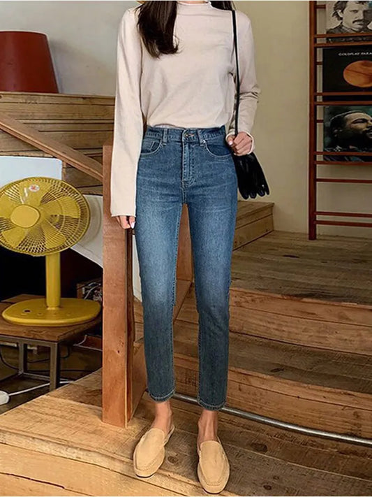 High Waist Jeans For Women Streetwear Pencil Jeans Wedgie Icon Fit Female Denim Pants Washed Ladies Boyfriend Jeans Ankle Length