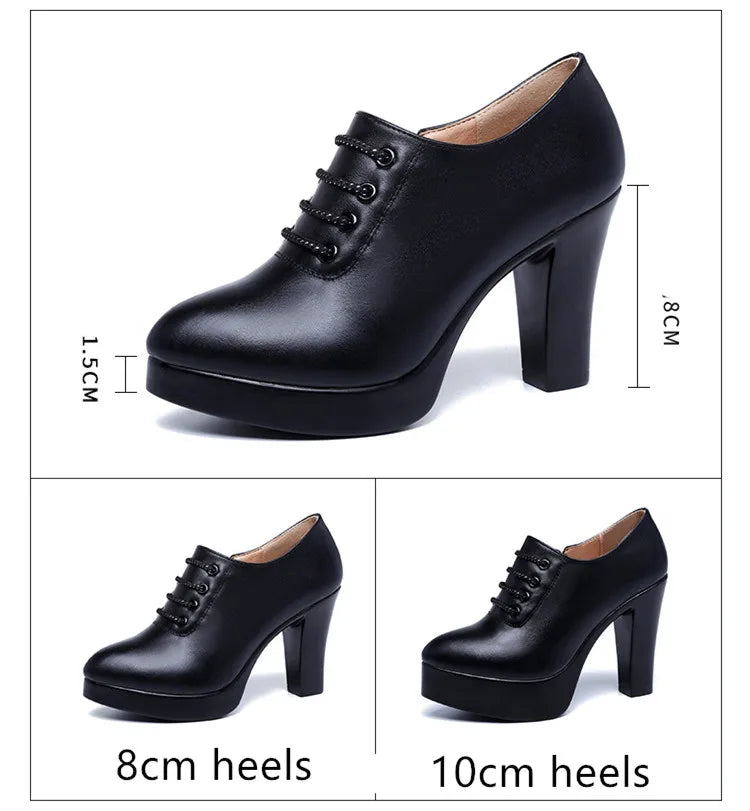 GKTINOO New Office Ladies Shoes Women Pumps High Heels Deep Mouth Block Lace Up Platform Heels Fashion Leather Shoe Black