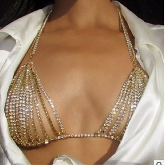 Women's tight sling waist Rhinestone Bra Bikini Beach jewelry sexy nightclub body chain chest chain