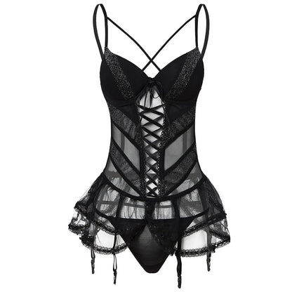 CINOON Black Sexy Lingerie High Elasticity Corset Women Underwear Lace Up Bustier Mesh Overbust Straps Fabric Corsets Lingerie