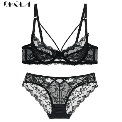 Green Bra and Panties Sets Ultrathin Brassiere Sexy Underwear Set Transparent Bras Plus Size Women Lace Lingerie Set Embroidery